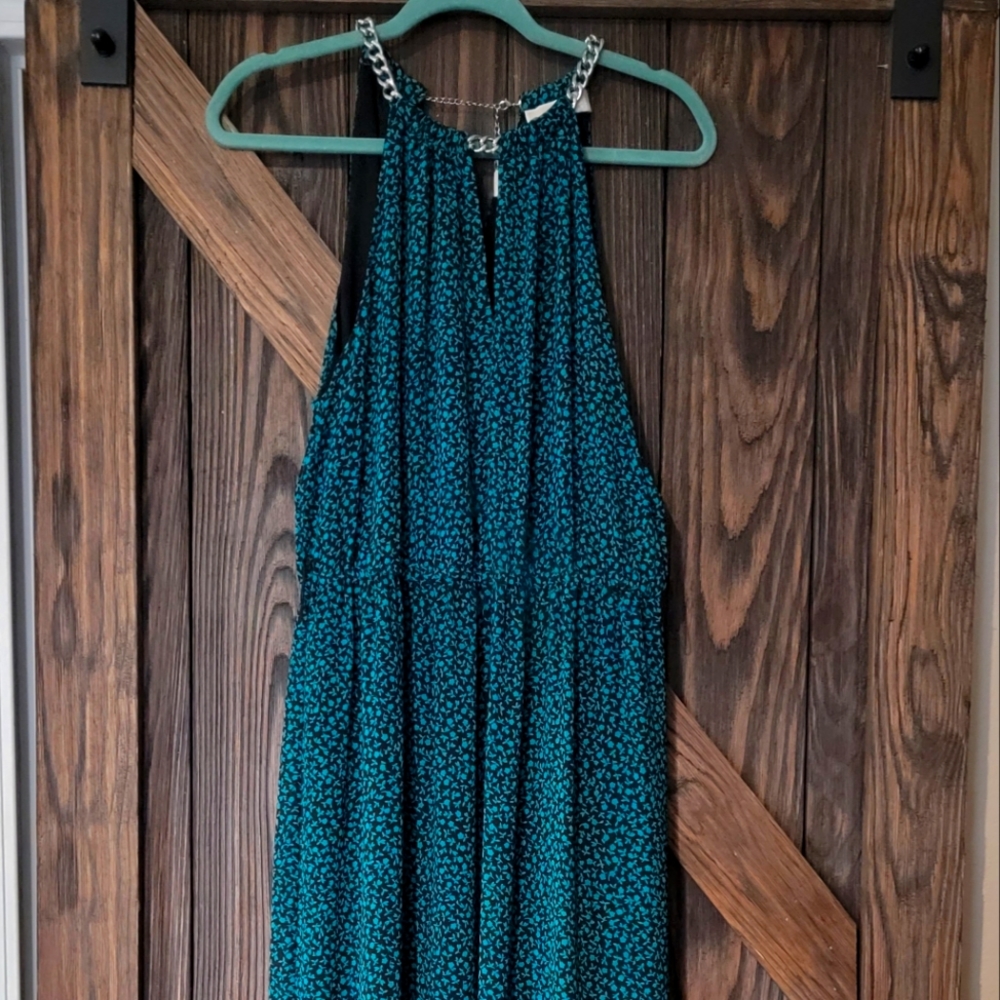 Michael Kors Island Blue Black Multi Chained Neck Maxi Dress